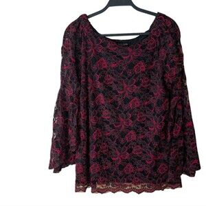 Relativity Vintage Y2K Lace Bell Sleeve Vamp Witchy Red Black‎ Goth Top Size L